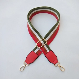 Macro shot of colorful striped fabric strap with red leather ends and golden metal hooks
