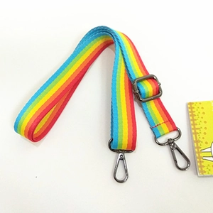 Close-up of rainbow striped replacement shoulder strap with gunmetal lobster clasps