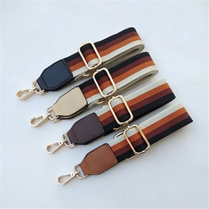 Adjustable retro striped bag straps with PU leather ends and golden metal hooks