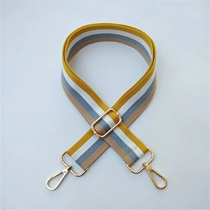 Adjustable striped canvas shoulder strap with yellow blue stripes and gold lobster clasps
