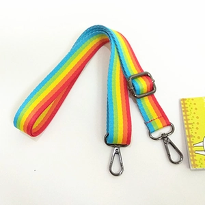 Adjustable rainbow striped bag strap with gunmetal swivel hooks for shoulder bags