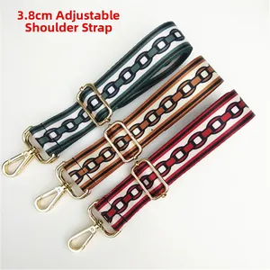 Detail of 3.8cm wide woven bag straps in green brown and red with gold metal hooks