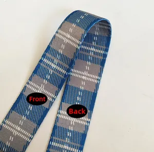 Detail of blue and white checkered bag strap showing front and back woven texture
