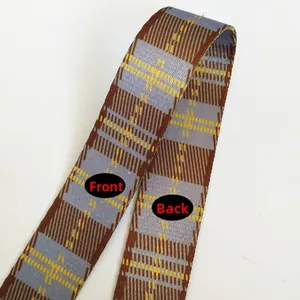 Macro detail of plaid bag strap showing front and back weave in brown and blue