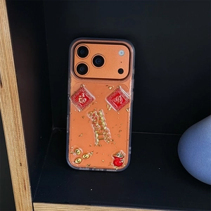 Chinese New Year iPhone case with 3D gold foil lucky charms and orange phone body
