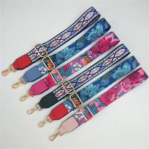 Adjustable Wide Bag Strap Floral Pattern Replacement With Synthetic Leather And Gold Metal Clasp Bohemian Style Women