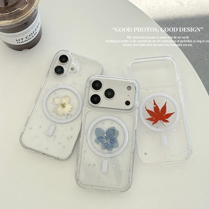Glitter transparent iPhone case with dried flowers and MagSafe magnetic ring