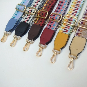 Detail view of colorful geometric woven adjustable shoulder straps with gold hardware hooks