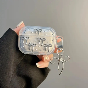 Glittery silver bow AirPods Pro case with matching metallic 3D bow charm and hook