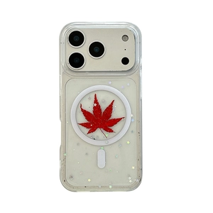 Clear MagSafe case for iPhone with red maple leaf and sparkling glitter stars