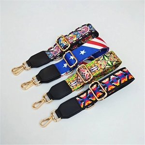 Ethnic style adjustable shoulder straps with patterns and gold metal swivel snap hooks