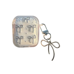 Sparkly silver earphone case with 3D bows and matching keychain for Airpods Pro