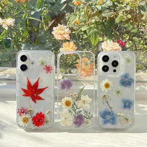 Coque transparente avec de vraies fleurs séchées et paillettes pour iPhone 16 Pro Max