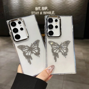 Luxury Samsung Galaxy S25 Ultra case with sparkling rhinestone butterfly design and metal camera trim