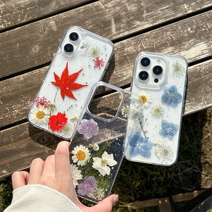 Coque De Téléphone Transparente Avec De Vraies Fleurs Pressées Paillettes TPU Résine Époxy Housse De Protection Pour Femmes Filles
