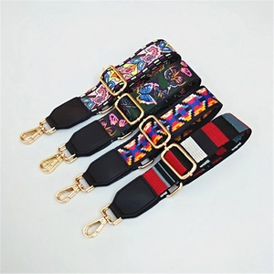 Adjustable wide replacement straps for handbags with ethnic patterns and gold metal hooks