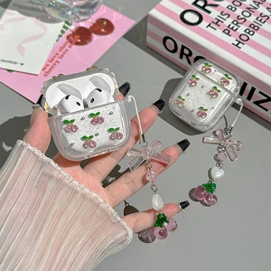 Glitzer-Schutzhülle für AirPods mit rosa Strass-Kirsche und Schleife-Anhänger