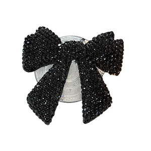 Elegant black rhinestone bow phone grip stand with shimmering crystal details