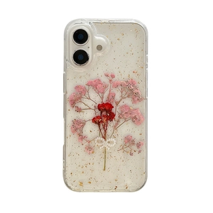 Clear iPhone case with real pressed flowers, gold foil, and a pearl bow accessory