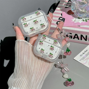 Glitzernde AirPods Pro Hülle mit rosa Strass-Kirschen und passendem Perlen-Anhänger