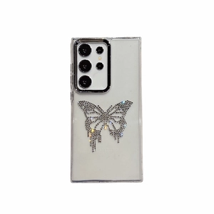 Luxury transparent Samsung Galaxy case with silver rhinestone butterfly and tassels