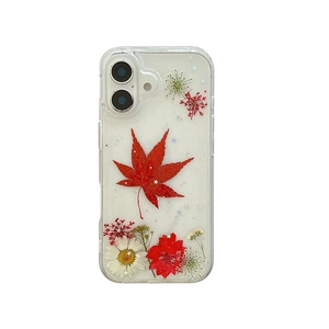 Coque iPhone transparente avec de vraies feuilles d'érable, marguerites et paillettes brillantes