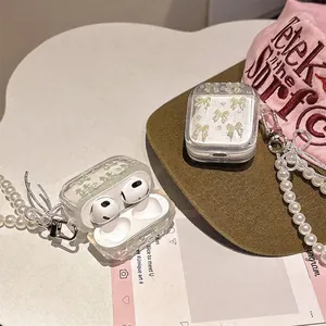 Transparante Glitter TPU Oortelefoon Hoesje Voor AirPods Pro 4 3 Met Kunstparelriem Handtasstijl Strik Elegant