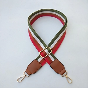 Adjustable wide woven guitar strap for handbags with green red stripes and gold hardware