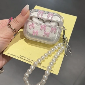 Roze strik reliëf op transparant AirPods Pro hoesje met elegante parel polsband