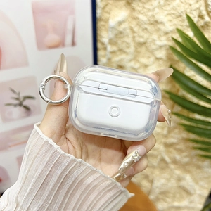 Detailed shot of transparent AirPods Pro case with silver circular metal carabiner