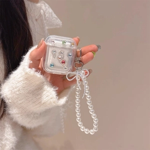 Sparkly rhinestone earphone case with pearl chain and silver bow for AirPods Pro