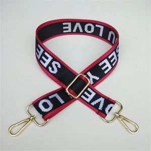 Ethnic style shoulder strap with red and black SEE YOU LOVE pattern and gold hardware