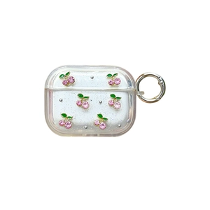 Glittering AirPods Pro case with pink rhinestone cherries and silver metal carabiner