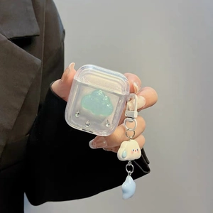 Close-up of clear AirPods case with 3D mint clouds, crystal water drops, and cloud charm