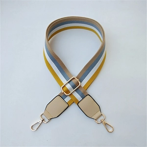 Adjustable striped woven bag strap in yellow and blue with gold metal lobster clasps