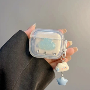 Clear glitter AirPods case with cute blue cloud, star pendant, and rhinestone raindrops