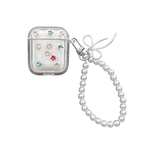 Clear AirPods case with colorful star rhinestones and luxury pearl chain strap detail