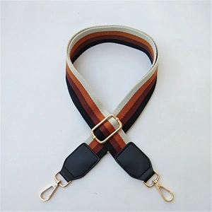 Adjustable retro striped woven shoulder strap with black PU leather and gold hooks