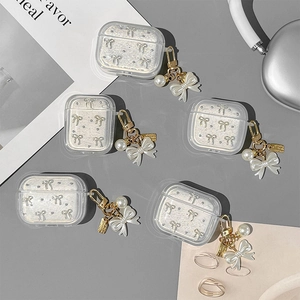 Glitter AirPods case with 3D bow relief and pearl pendant charm for Apple AirPods 1/2 Pro