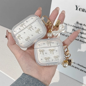 Glittery transparent case for AirPods with silver bow and pearl pendant charm