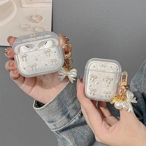 Transparent Glitter Earphone Protective Case With Detachable Faux Artificial Pearl Resin Bowknot Pendant Keychain Sweet Fashion For Wireless Earphones