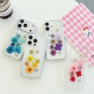 iPhone transparent case with real dried flowers, glitter flakes and silver butterflies