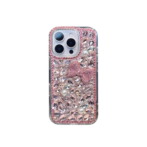 Pink rhinestone iPhone case with 3D bow and pearls for iPhone 16/17 Pro Max