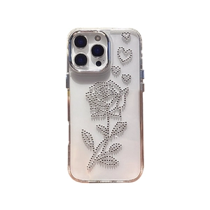 Custodia iPhone trasparente con motivo rosa di strass argentati e dettagli a cuore