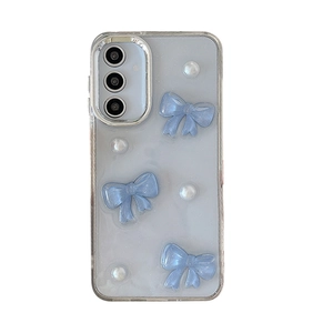 Glitter light blue phone case with 3D bows and pearls for Samsung Galaxy S25 Ultra