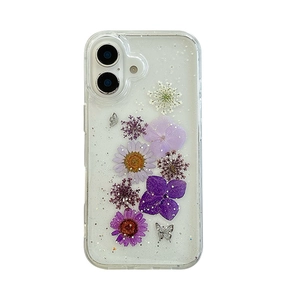 Transparent iPhone case featuring real dried purple flowers, silver glitter and butterflies