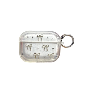 Custodia AirPods Pro glitterata con fiocchi argento e moschettone in metallo chic