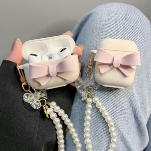 Earphone Case For AirPods Pro With Large Pink 3D Bow And Artificial Pearl Charm Chain Cream Soft TPU Protective Shell Sweet Style