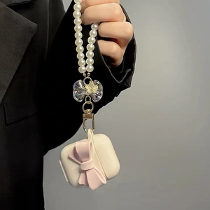 Off-white AirPods 4 case with pink bow and long pearl chain strap in elegant style