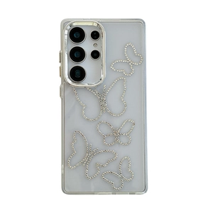 Clear Samsung Galaxy case featuring sparkling rhinestone butterflies and metal lens frame